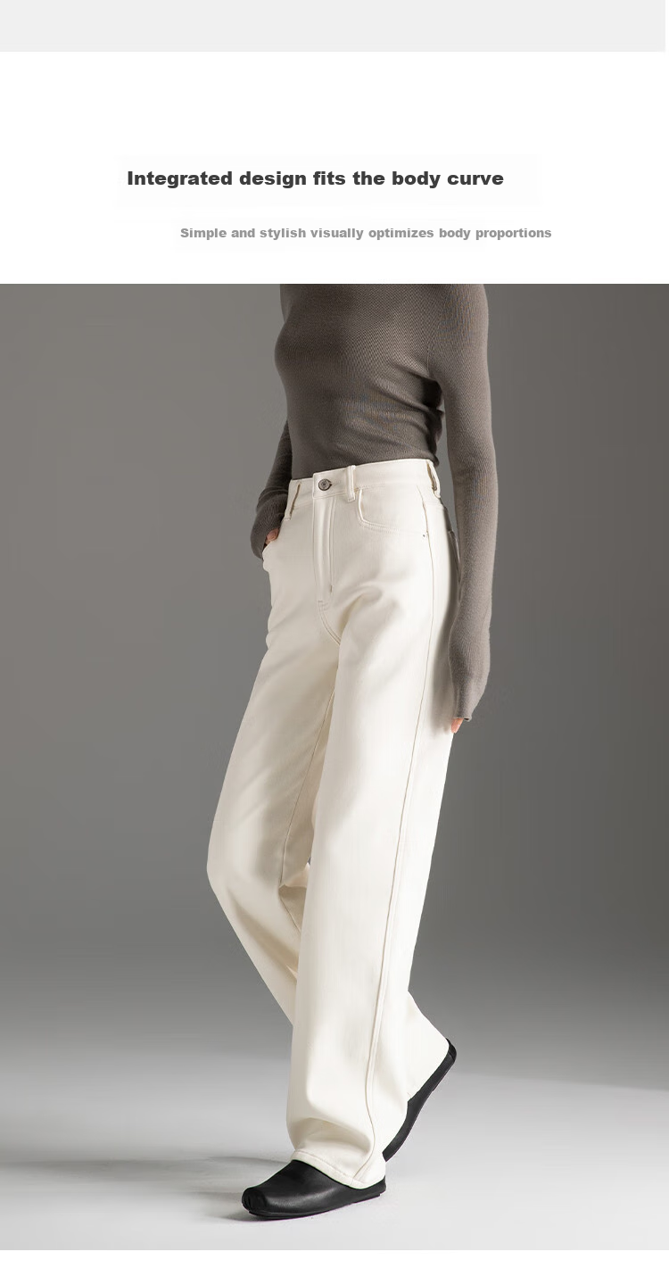 Dme Autumn And Winter New Fleece-Lined Slim-Fit Versatile Off-White High-Waist Straight-Leg Jeans for Wome 9