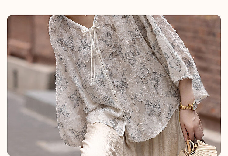 Dme [Mystical Romanticism] Spring And Autumn Style New Chinese Butterfly Clip Flower Shirt Tassel Button-Up Blouse 4