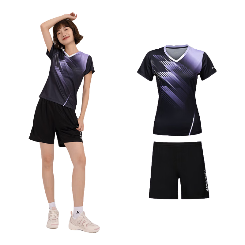 KAWASAKI Badminton Outfit for Women, Professional Sports V-Neck Short Sleeve + Shorts Set B2813, Black, 2XL