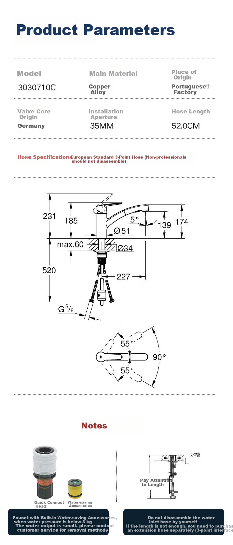 GROHE Kitchen Bathroom Balcony Pull-Out Faucet, Rotatable Swivel, Original Imported 3030710C 13
