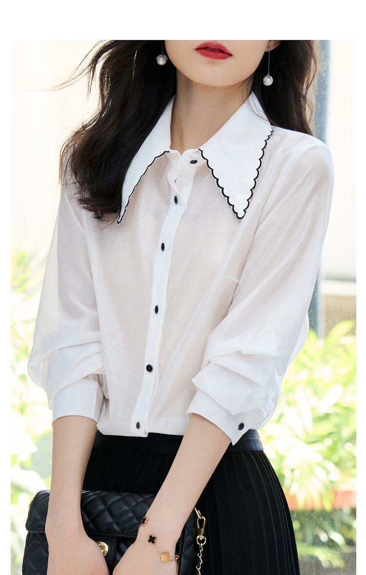 Dme [Detachable Bow Blouse] Spring And Autumn Embroidered Lapel Long-Sleeve Contrasting Color Women's Top Shirt 10