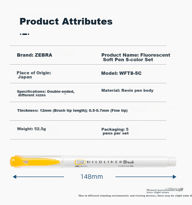ZEBRA Dual-Tip Highlighter Pen, Rainbow Color Planner Pen, Student Highlighting Marker Pen, WFT8 Brush Elegant Series, WFT8-5C 5-Color Set 8