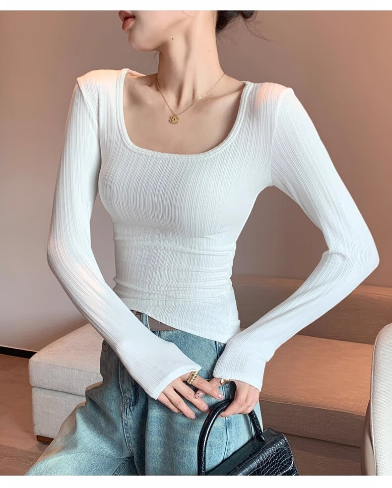Yuzhaolin Women's Basic Long Sleeve T-Shirt Thin Large U-Neck Slim Fit Simple Versatile Top for Spring and Autumn 6