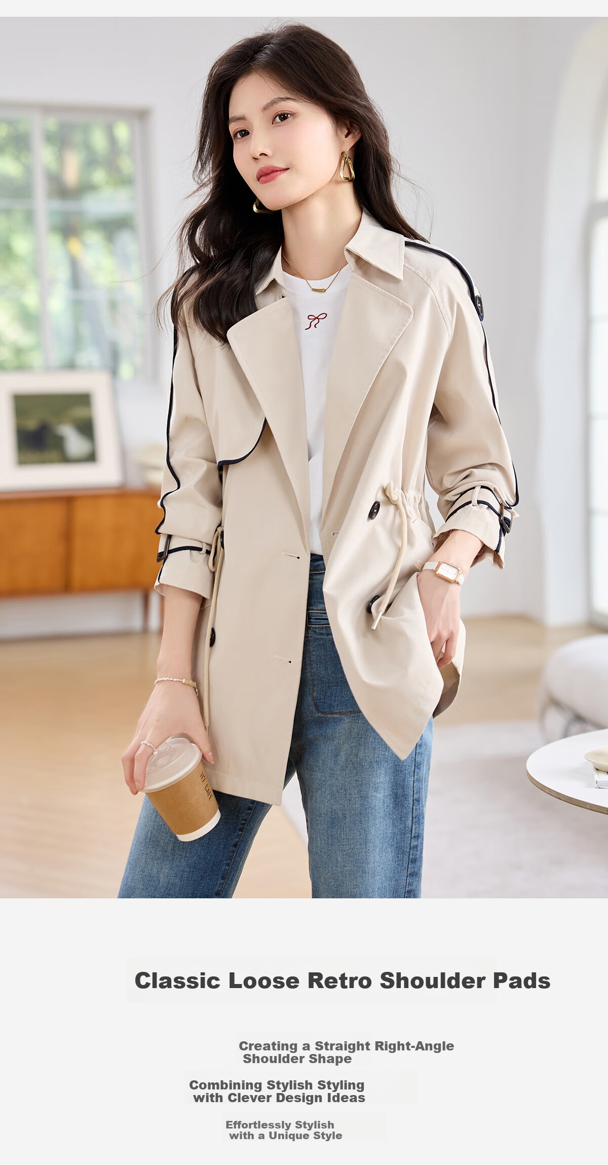 Taxiang Drawstring Waist Trench Coat for Women, Spring And Autumn Casual Commuter Short Jacket, High-End Outer Cardigan T51D033 8