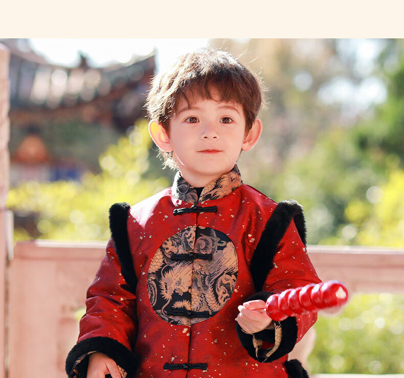Romon Tang Suit Boys Hanfu Dragon Year New Year Outfit Children's Chinese Style Performance Costume Bright Red [Top Only] 110 11