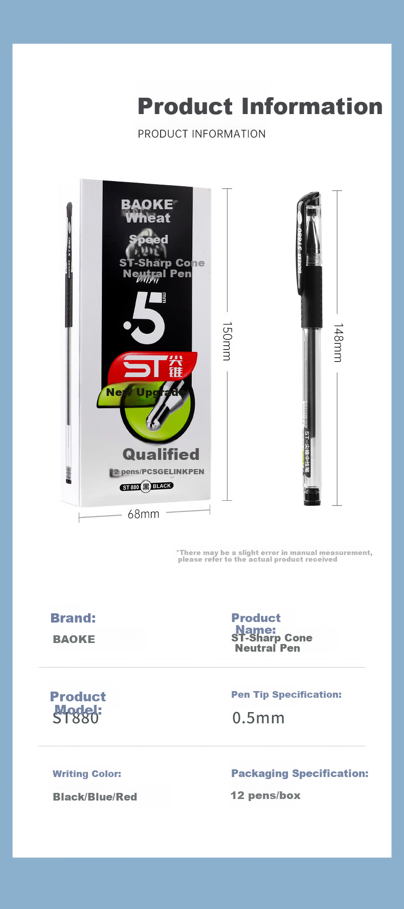 BAOKE ST880 Gel Pen 0.5mm Blue ST Conical Tip Pen for Students, Office, And Signing 12 Pens/Box 9