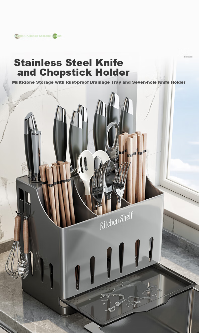 Shuaishi Kitchen Storage Rack with Knife Holder And Chopstick Cage, All-In Stainless Steel Chopstick Storage Box, Chopstick Tube, Knife Rack, And Cutlery Holder 1