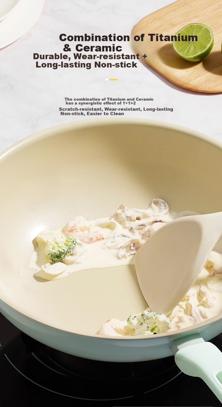 COOKER KING Non-Stick Wok, Easy-To Flat Bottom Multi-Purpose Frying Pan, 30cm Compatible with Induction Cookers, Glutinous Rice Green NM30CGL-PTK 5