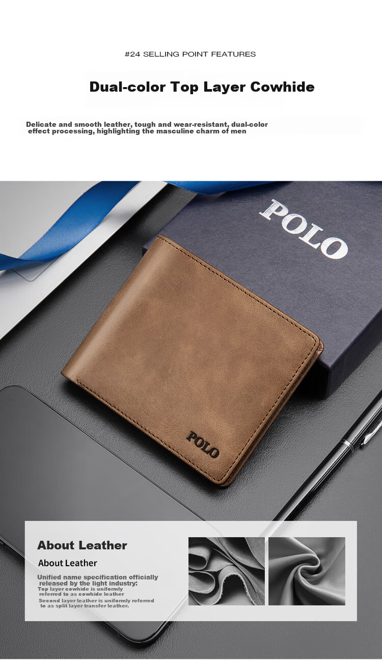 POLO Wallet for Men, Top-Grain Leather Billfold with Multiple Card Slots, Driver's License Holder, Short Bifold Wallet, Gift Box, Birthday Present 6