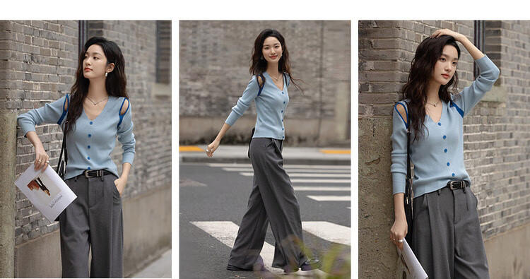 Dme [Light Oxygen Sea Salt] Spring Korean Style Hollow-Out Contrasting Color V-Neck Sweater, High-Elasticity Comfortable Long-Sleeve Knit Top for Wome 3