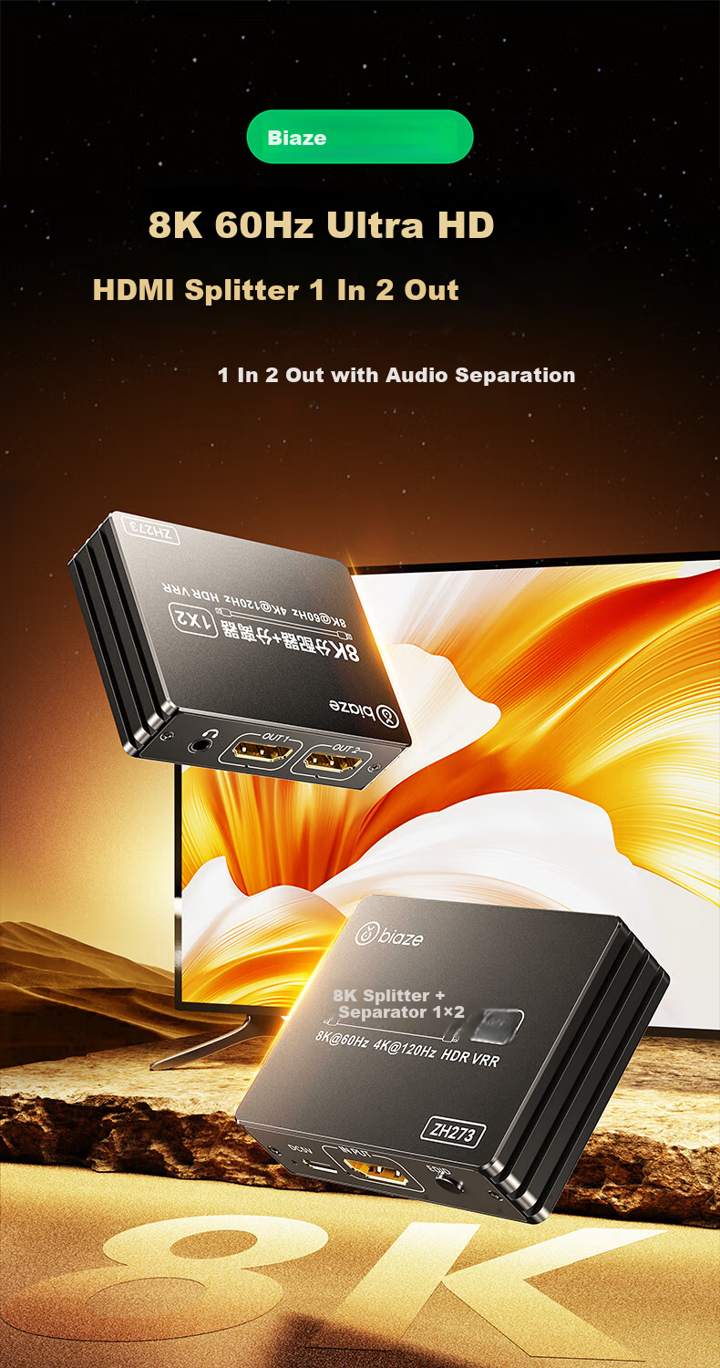 BIAZE HDMI 2.1 Splitter, One-To 8K 60Hz, 1-In Video Splitter for Laptop, TV Box to Connect TV, Monitor, Projector Screen Mirroring Display 1