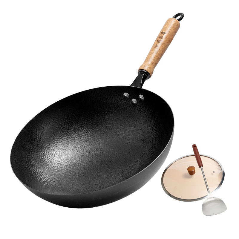 Jitiechui Iron Wok Pan Non-Stick Cooking Pan Hand-Forged Seasoned Iron Wok for Gas Stove, 34cm with Handles