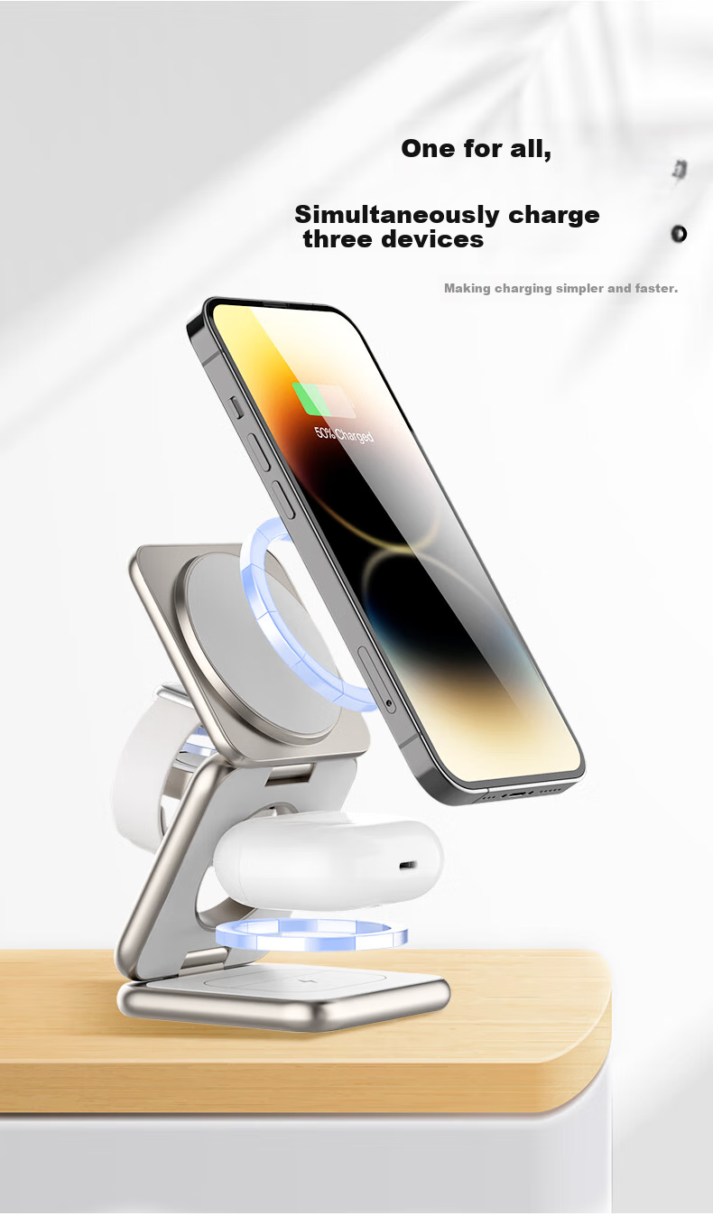 Jingshan Foldable Three-In Wireless Charger, 15W MagSafe Magnetic Stand, Portable Travel, for Apple IPhone, Earphones, IWatch, AirPods, Fast Charging Statio 1