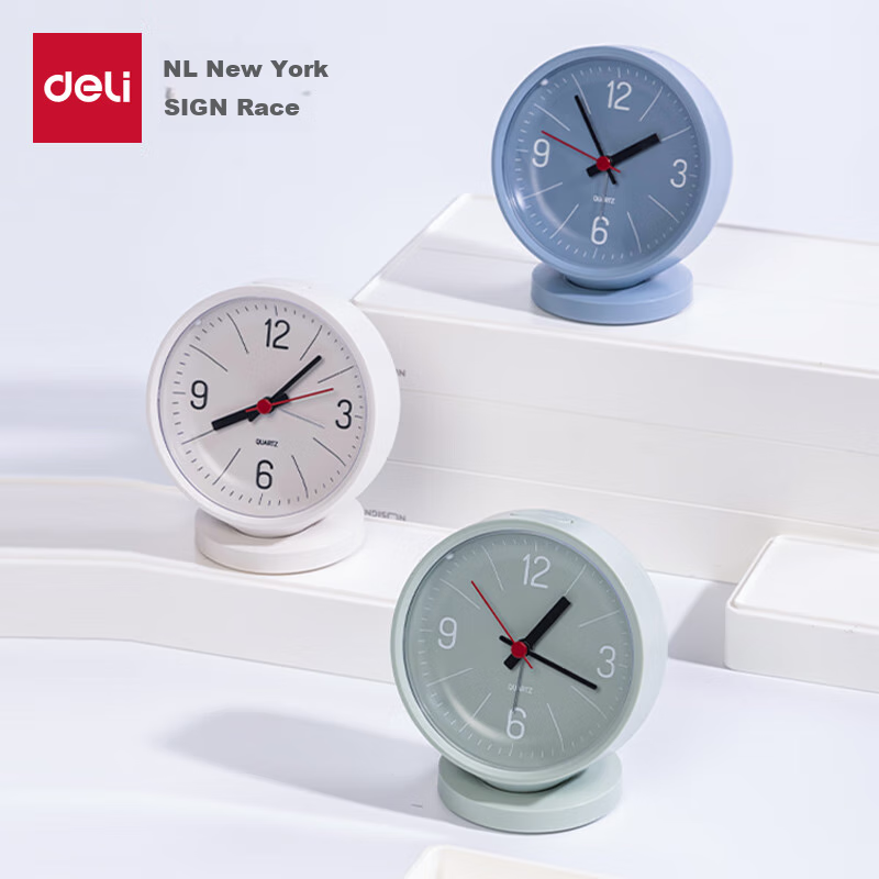 Deli Simple Analog Alarm Clock with One-Button Snooze, Soft Night Light, Bedroom Bedside Round Desktop Fashion Desk Clock, Blue NS886 Back-To Essential New Year Gift