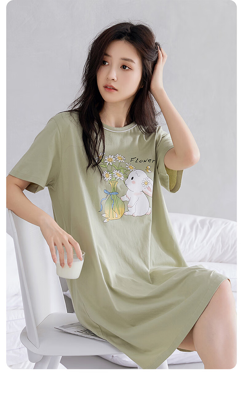 Fenteng Summer Lightweight Short-Sleeve Pure Cotton Loungewear, Plus Size Cute Pajamas, All-Cotton Women's Nightgown, Grass Green, XL 16
