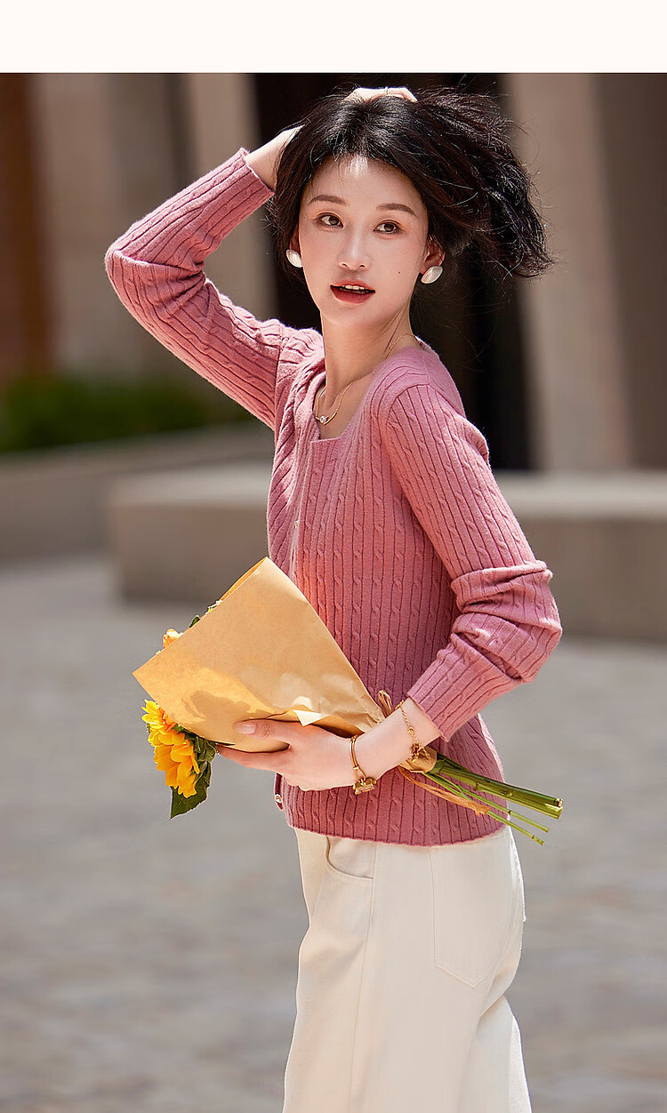 Dme (Xuainitianxin) Spring And Autumn French Square Collar Sweater, Simple Style Long-Sleeve Cardigan, Soft Elastic Knit Sweater, Women's Top 22