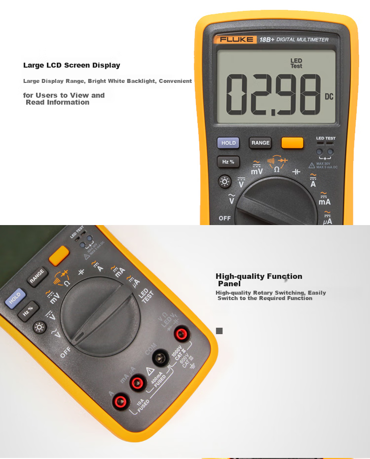 FLUKE 18B+ Digital Multimeter, Handheld Multimeter with Auto-Ranging, Backlit LED Display, Testing Instrument And Meter 2