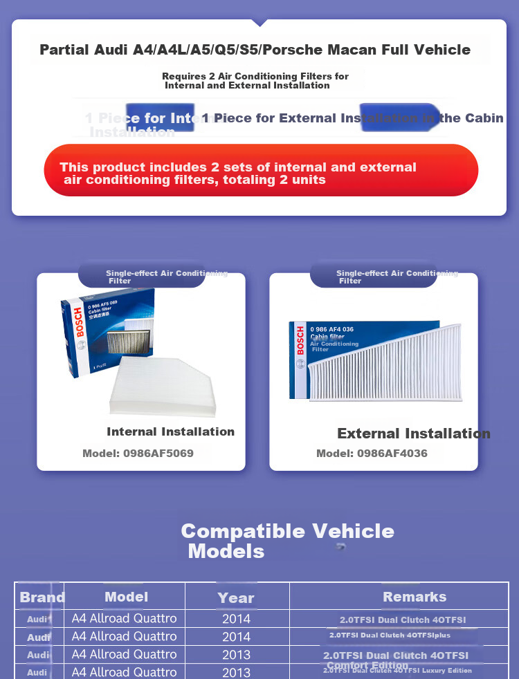 BOSCH Interior And Exterior Single-Effect Air Conditioning Filter, Air Conditioning Filter Set Compatible with Audi A4/A4L/A5/Q5/S5 And Others 2