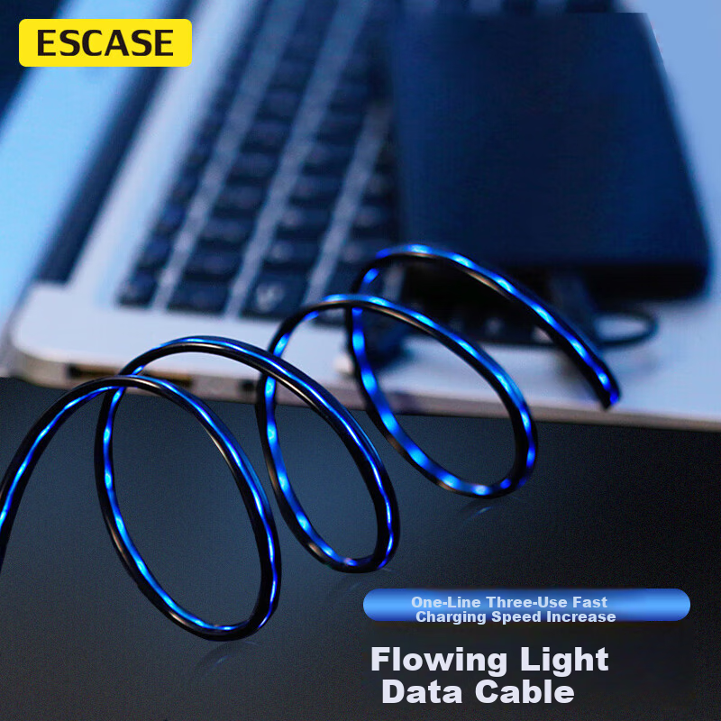 ESCASE Three-In Charger Cable for Apple Phones, Compatible with IPad 12.9-Inch Type-C, Android, Huawei, Multifunctional Flowing Light C28 Blue