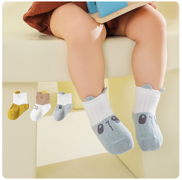 Aibaoshi Baby Socks, Spring And Autumn Newborn Mid-Calf Socks, Infant Cotton Socks, Children's Socks, Blue Bear Pattern, 3 Pairs, Size S, B1546 11
