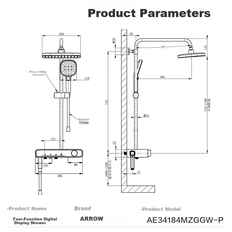 ARROW Shower Head, Gunmetal Gray Digital Display Piano Key Shower Head, Handheld High-Pressure Spray Nozzle