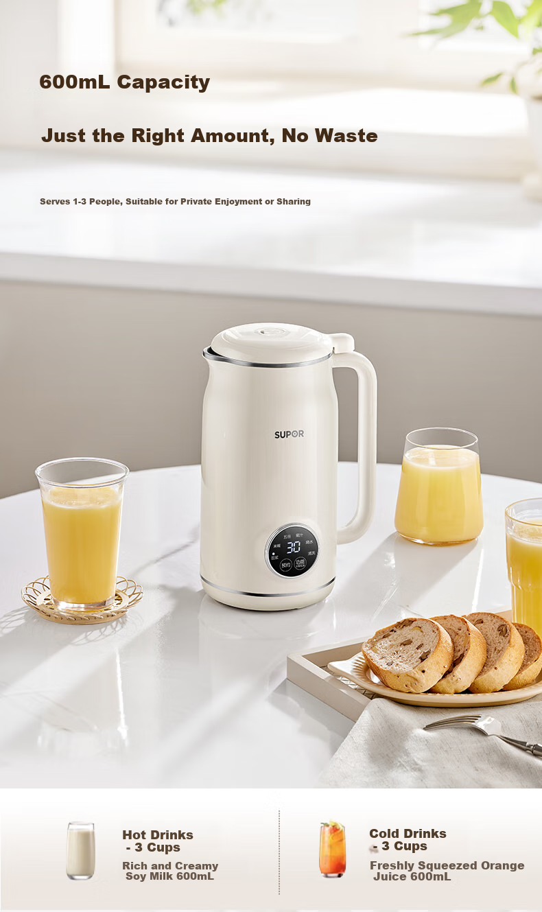 SUPOR Soy Milk Maker, 0.6L Small Household Machine for 1-3 People, Filterless Food Processor with Timer, Multifunctional One-Touch Cleaning Juicer DJ06B-P102 2