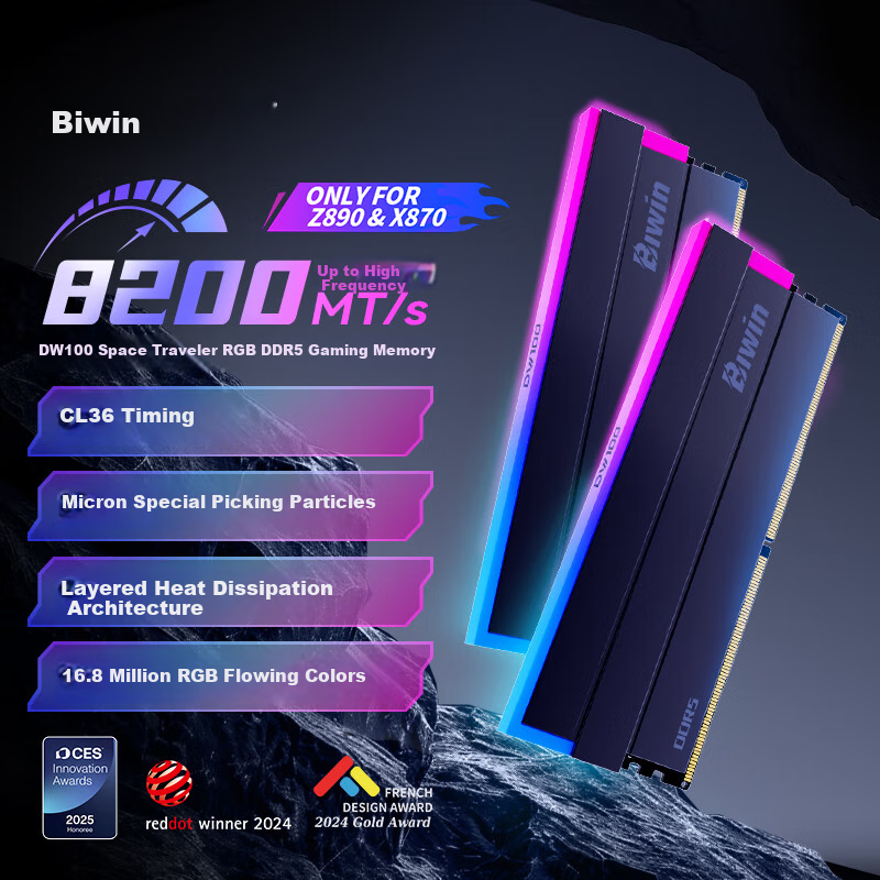 BIWIN 32GB (16GB×2) Kit DDR5 8200MHz Desktop Memory Module DW100 Time Space Traveler RGB Light Bar (C36) Black AI PC Motherboard Z890&X870