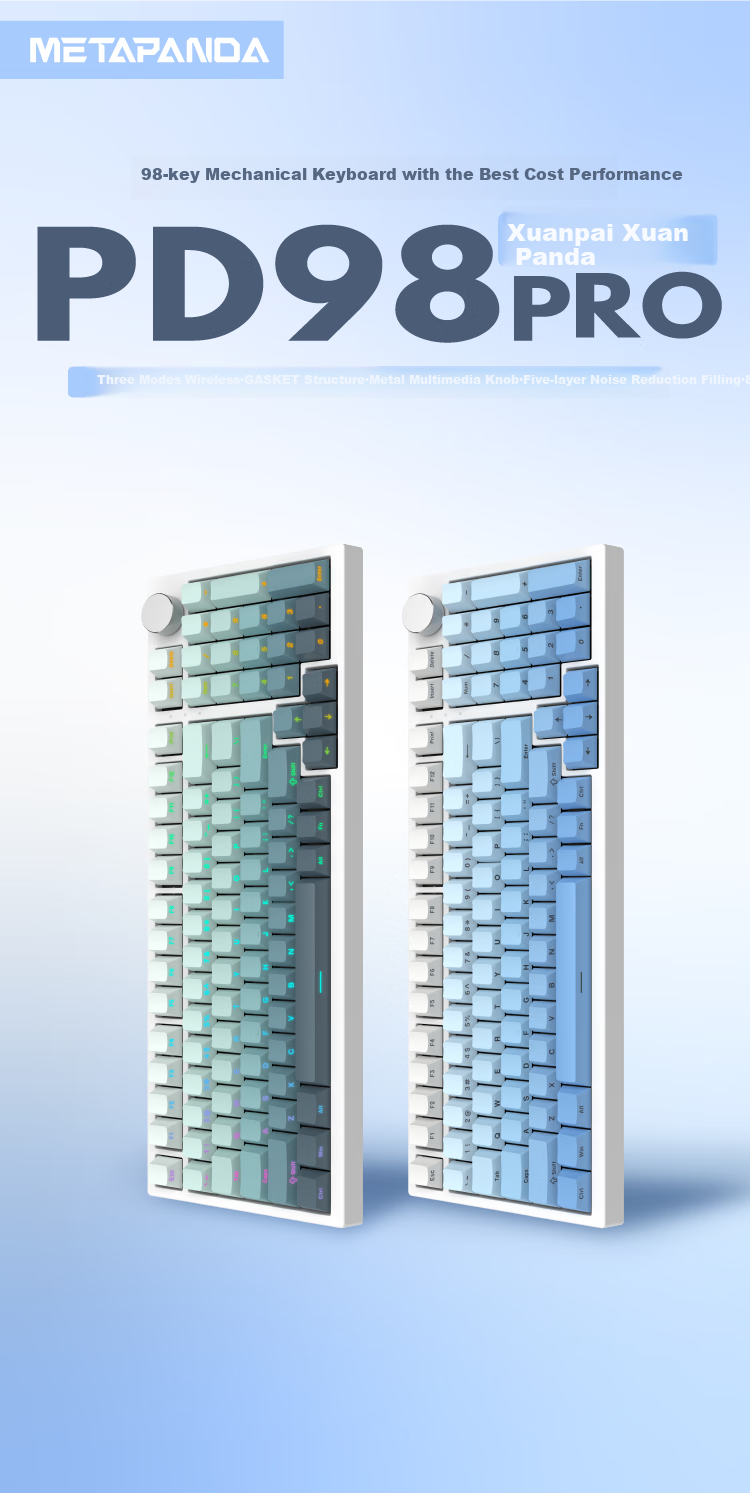 Xuanpai PD98 PRO Tri-Mode Wired/Bluetooth/Wireless Custom Mechanical Keyboard for Gaming And Office Use with Full Hot-Swappable Keys And Gasket Mount, Ultra-Silver Switches, Panda Desig 1