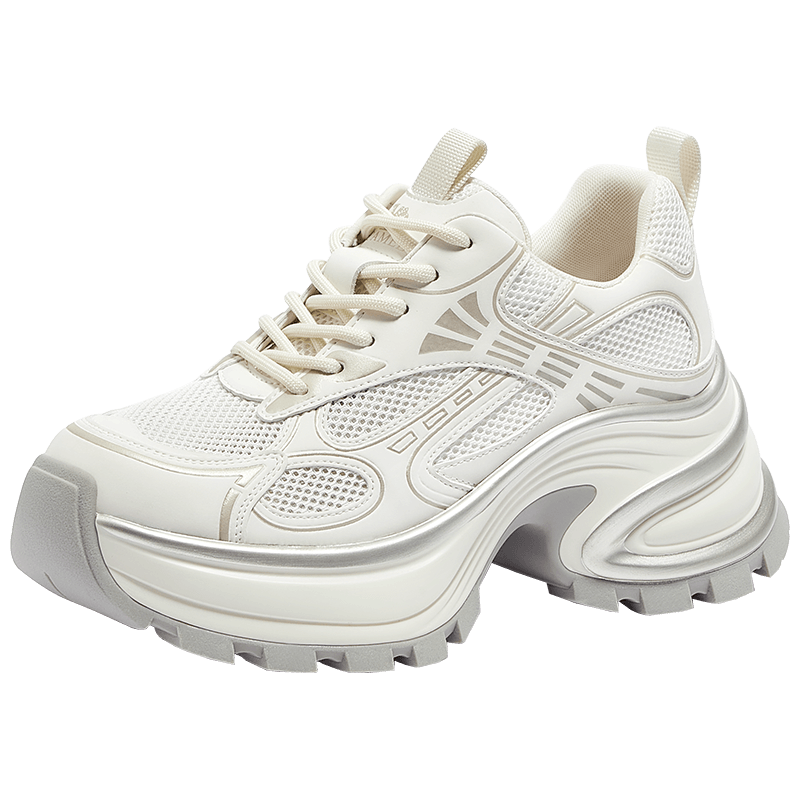 CAMEL Dad Shoes Silver Cool Fashion Height Increasing Thick Sole Casual Shoes L25S283005W Beige (Breathable Mesh) Size 39