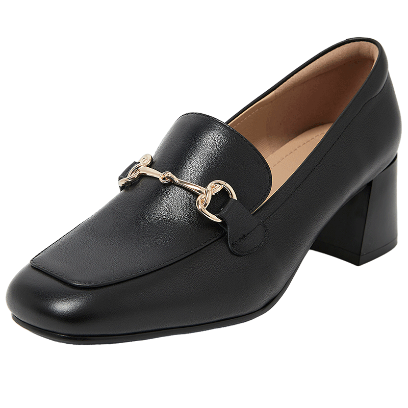 COMELY Genuine Leather Loafers for Women, Spring And Summer New Style Thick-Soled Chunky Heel Petite Commuter British Style Small Leather Shoes, Black, Size 40