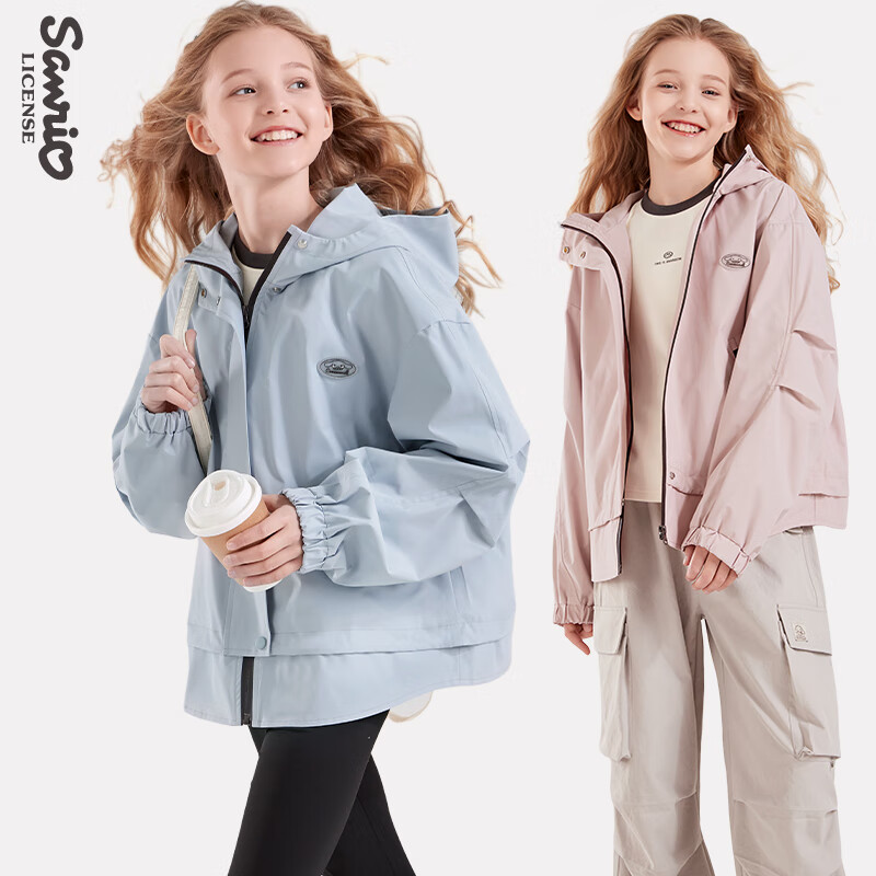 Hello Kitty Girls' Jacket Spring And Autumn Hooded Windbreaker for Older Children Outdoor Sports Outerwear Children's Clothing H013 Iceland Blue 170