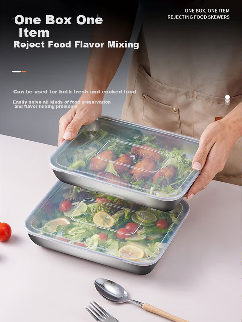 BJ [Extra Large] Stainless Steel Rectangular Food Storage Container, Extra Thick Tray for Cold Dishes And Barbecue with Lid, Set of 6 3