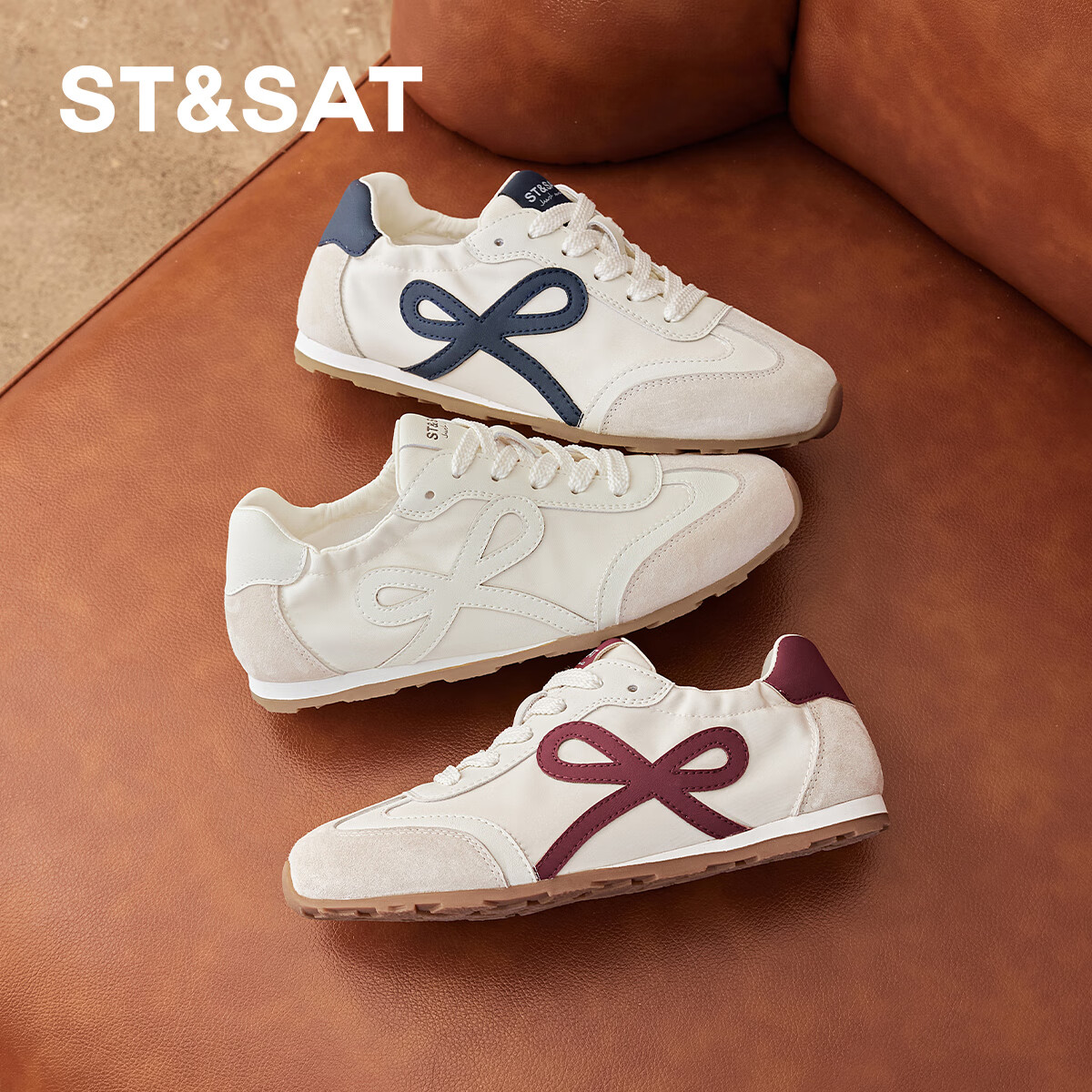 St&Sat Women's Shoes, Training Shoes, 2025 Autumn Breathable Sneakers, Versatile Casual Shoes SSD1112CAE, Beige/red, Size 35