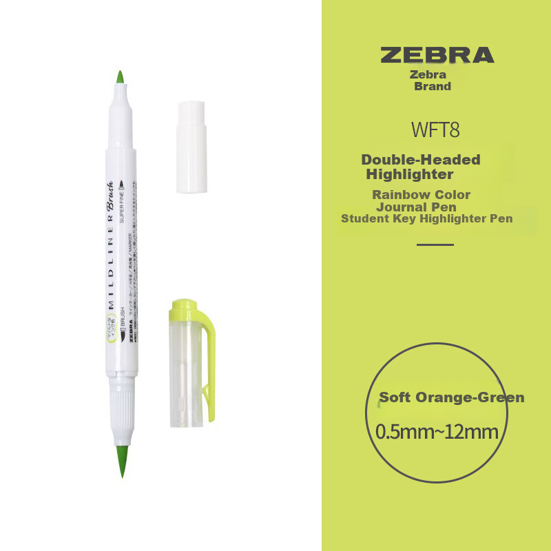 ZEBRA Dual-Tip Highlighter Pen, Rainbow Color Planner Pen, Student Emphasis Marking Pen, Brush Soft Color Series, WFT8, Gentle Lime Gree