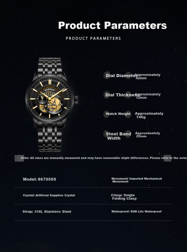 RARONE Star Series Trendy Skeleton Fully Automatic Men's Watch Mechanical Watch Steel Strap Wristwatch Birthday Gift for Boyfriend 3