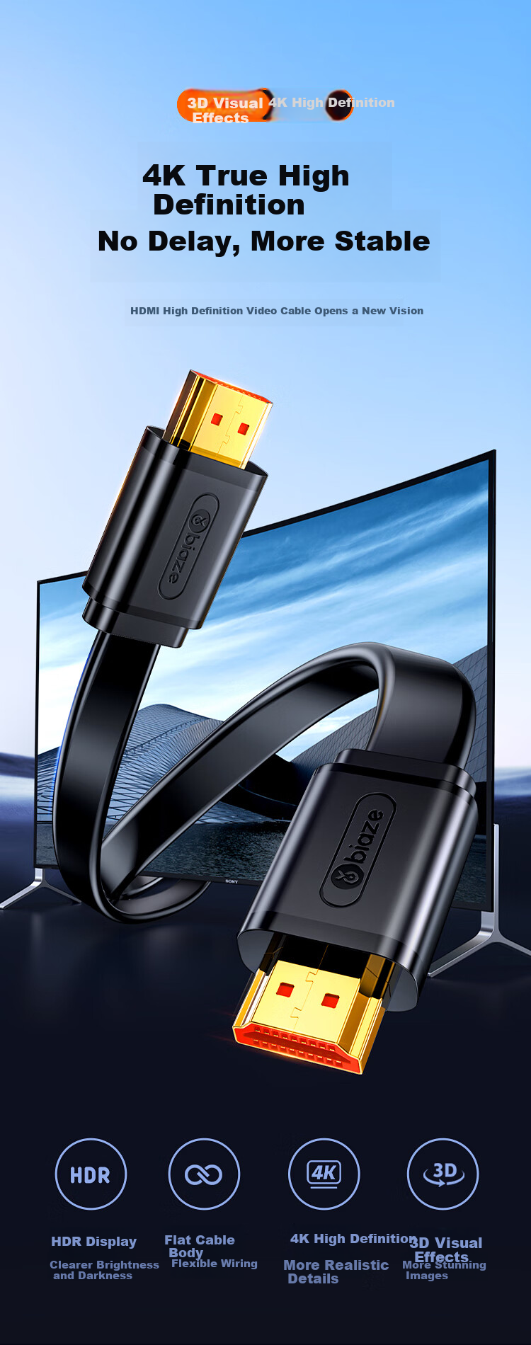 BIAZE HDMI Cable Version 2.0 Flat Cable, 10 Meters, 4K Digital High-Definition Cable, 3D Video Cable for Computer Set-Top Box to TV Projector Connection Cable 1