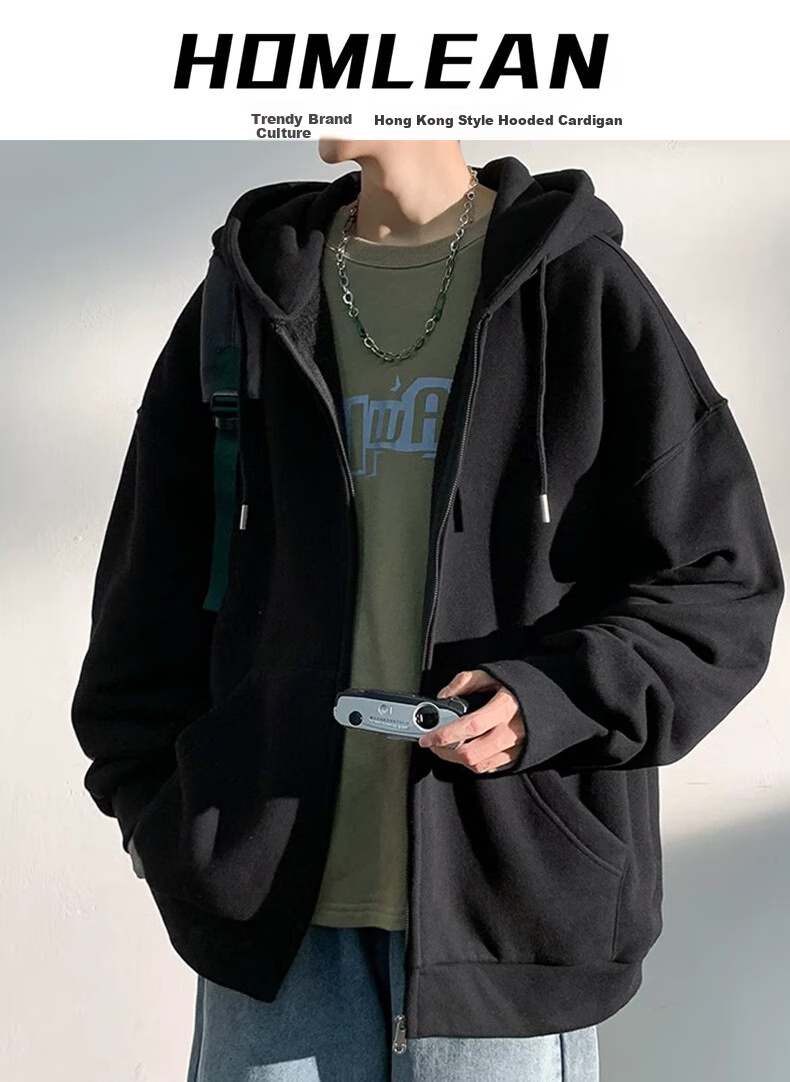 Homlean Hong Kong Style Hooded Jacket for Men, Spring Loose Cardigan Heavyweight Coat Top American Street Style HL06 White 2XL 1