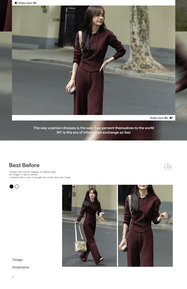MT [Tranquil Charming Dark Navy] Winter Simple Knit Sweater with Elastic Waist Wide-Leg Pants Set 1