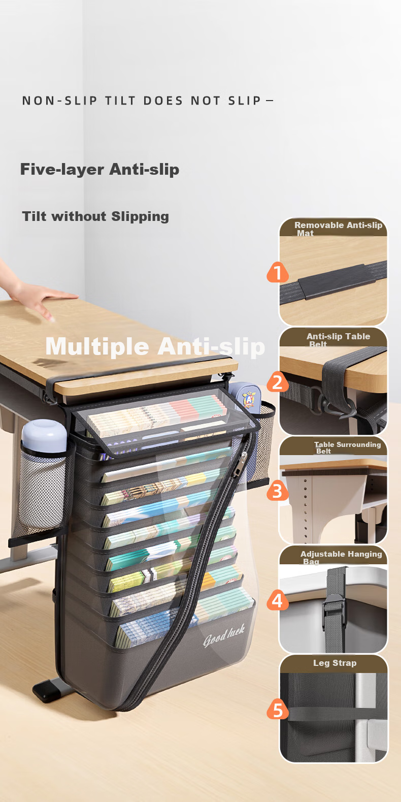 Jinzhi Desk Hanging Book Bag, Thick Large Capacity Desk Side Storage Pouch for Middle And High School Students, Dustproof Organizer, Back-To Essential, 15 Compartments/black 12