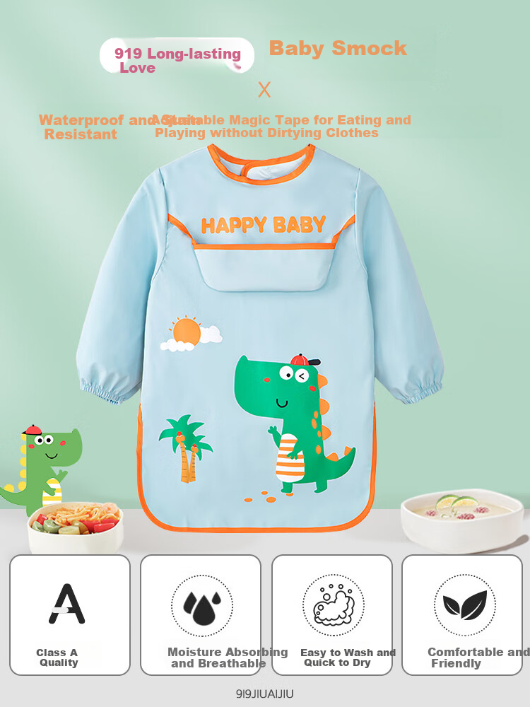 9I9 Baby Eating Apron, Long-Sleeve Waterproof And Stain-Resistant, Infant And Child Bib, Drawing Smock, Velcro A257 Dinosaur 1
