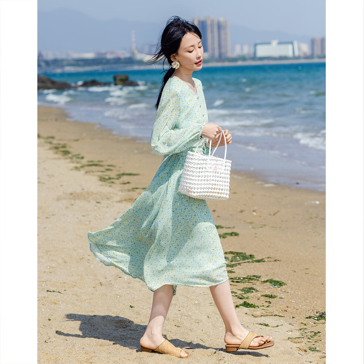 Dme [Sweet Floral Chiffon Umbrella Dress], Spring And Autumn V-Neck Waist-Cinching Long-Sleeve Dress, Mid-Length Women's Dress