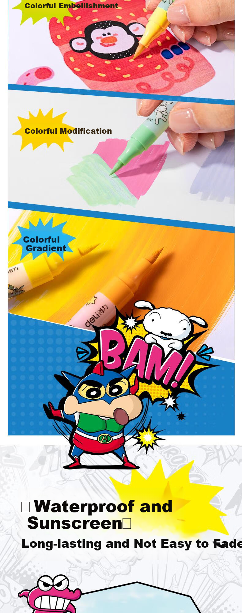 Deli [Back to School Stationery] 12 Colors Crayon Shin-Chan Double Soft Tip Acrylic Markers, Watercolor Pens, Round Barrel, Student New Year Tree, Children's Coloring, Drawing DIY, Fluorescent Bag Packaging for Boys And Girls 6