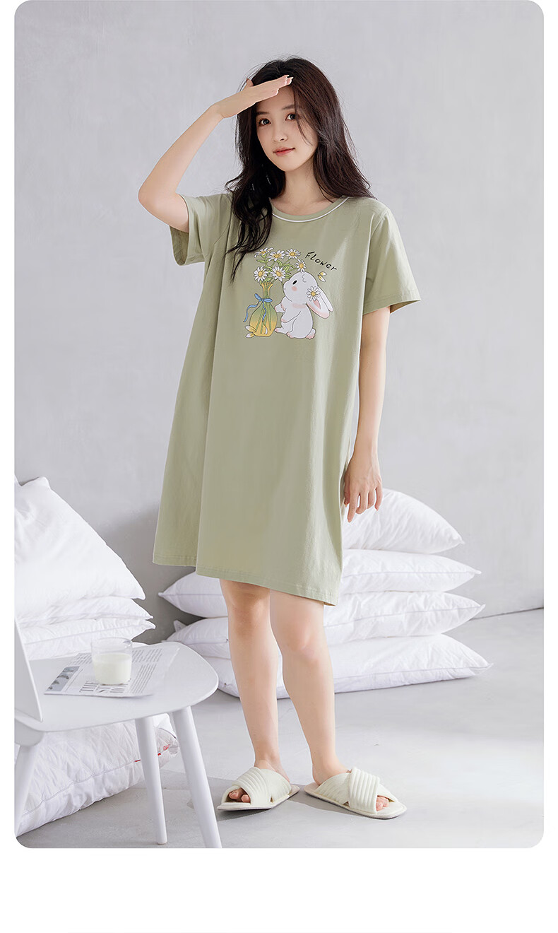 Fenteng Summer Lightweight Short-Sleeve Pure Cotton Loungewear, Plus Size Cute Pajamas, All-Cotton Women's Nightgown, Grass Green, XL 14