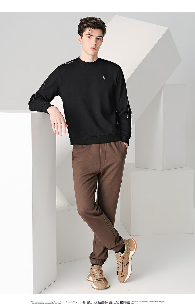 DANCING WOLVES [Fleece-Lined Thickened] Autumn And Winter Plain Line Design Trendy Versatile Round Neck Thick Sweatshirt for Men, 001 Black, Size 180 5