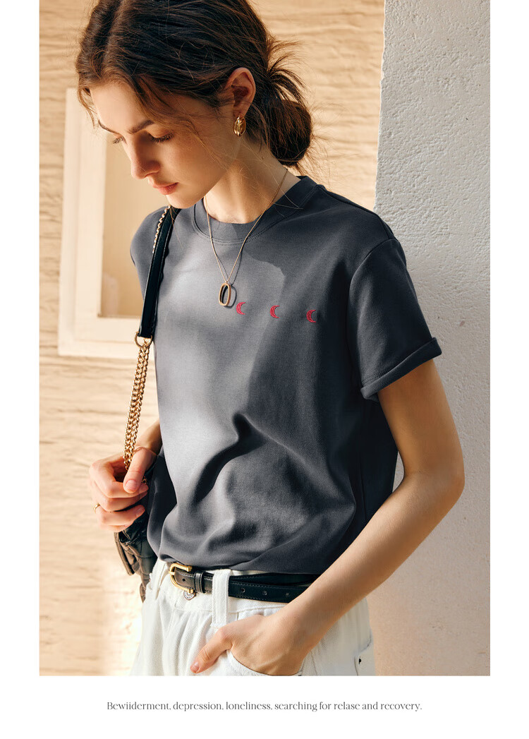 Olrain Gray Short-Sleeve T-Shirt for Women, Elegant Office Wear with Fun Embroidery Design, Gray, Size L 12
