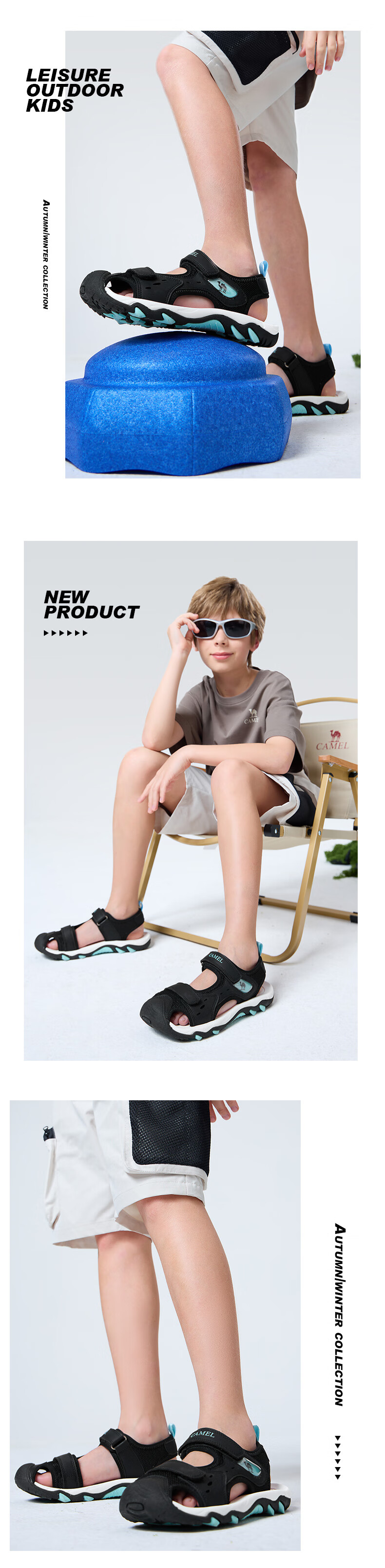 CAMEL Children's Sandals, Summer Beach Shoes, Closed-Toe, Anti-Collision, Non-Slip, Velcro Straps, for Older Childre 18
