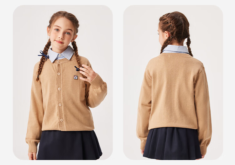 YEEHOO Girls Wool Sweater Children's Cardigan Mid-Large Kids Wool Warm Knit Jacket Spring College Style Dark Blue 120 3