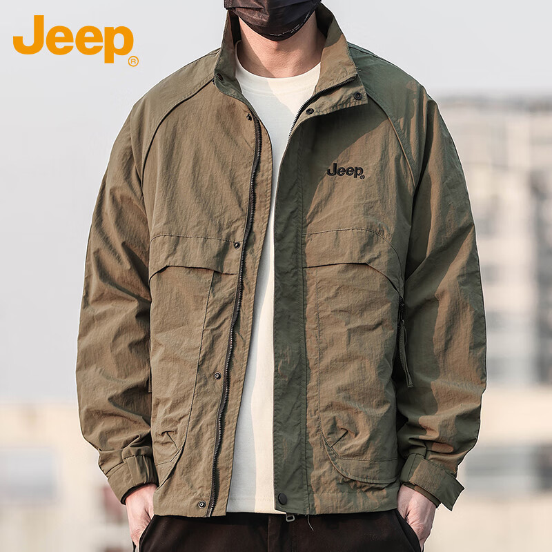JEEP Men's Autumn Winter Stand Collar Jacket Loose Trendy Workwear Coat Military Green 2XL