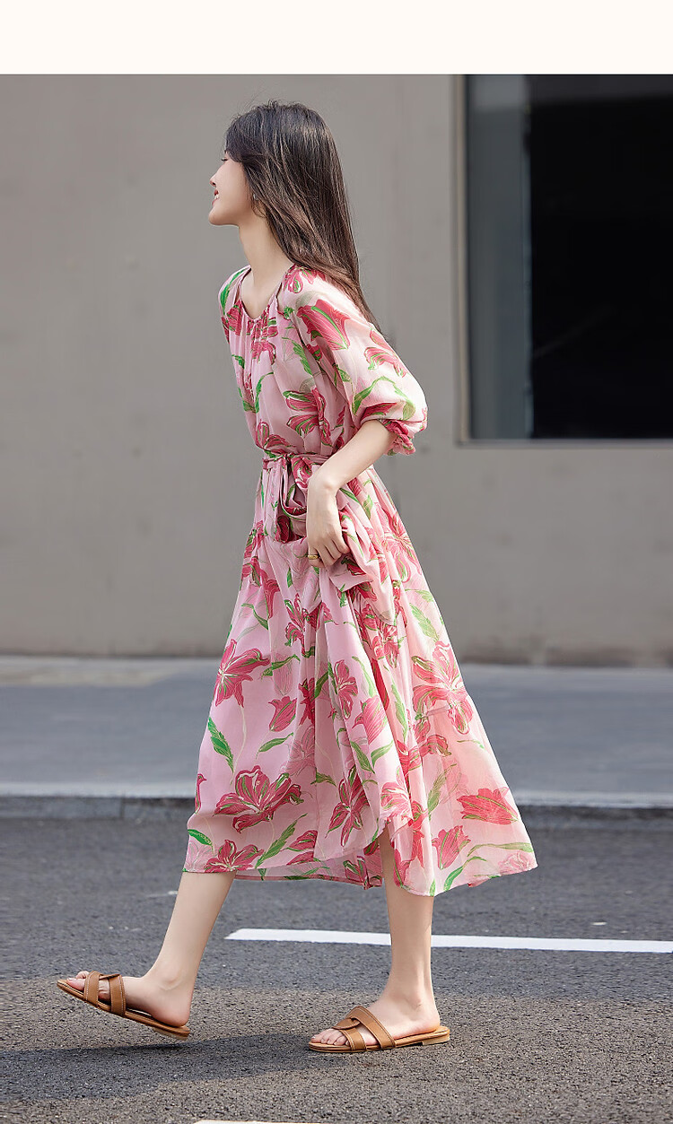 Dme [Go to The Beach for Vacation], Summer French-Style Lantern Sleeve, Large Print Tie, Chiffon Midi Dress for Wome 10