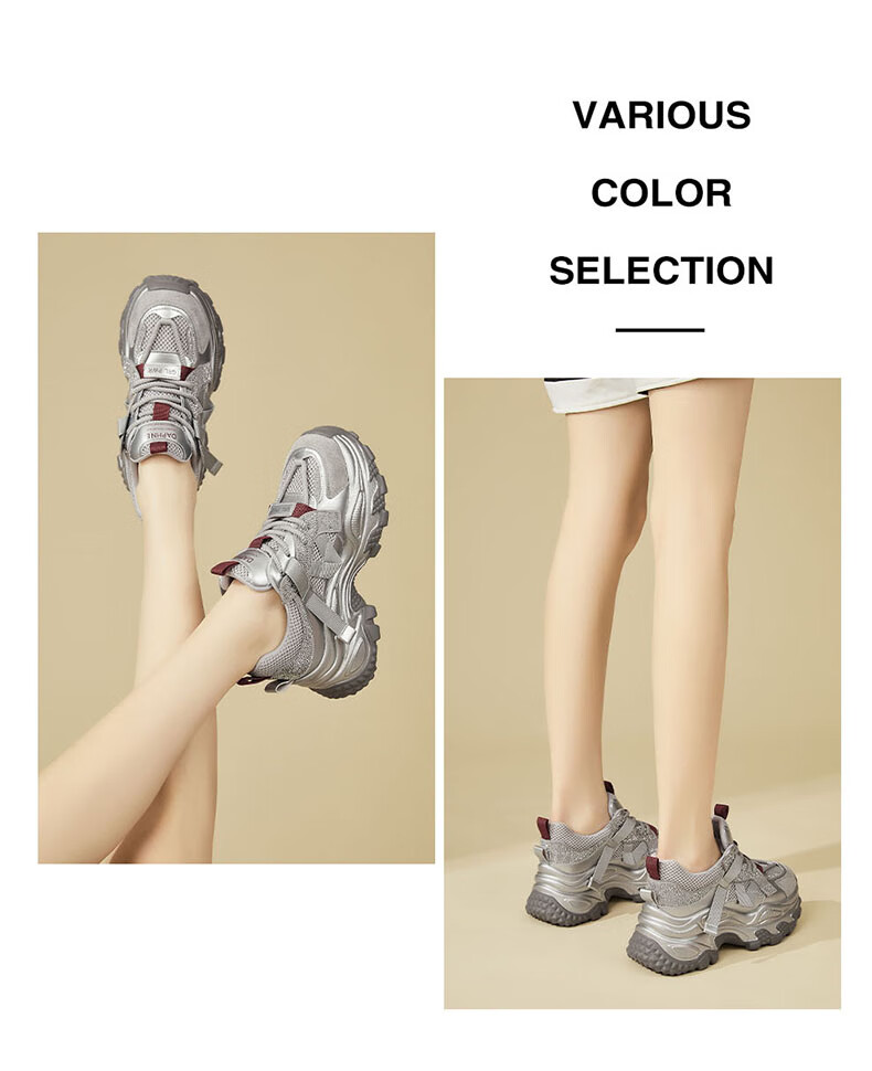 DAPHNE Chunky Sneakers for Women, Thick-Soled Trendy Versatile Casual Shoes, Height-Increasing Comfortable Sports Shoes, Travel Shoes for Women, Silver Red Color, Size 40 11